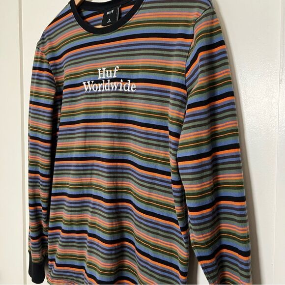 HUF Shirt Mens Small Striped Long Sleeve Pullover Worldwide Logo Embroidered - Picture 4 of 13
